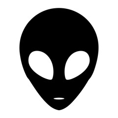 Black silhouette of a classic alien face on a white background