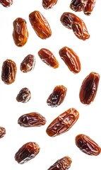 Dried dates falling against a white backdrop