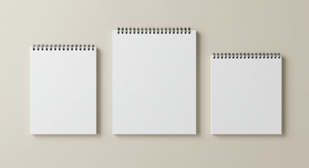 Three spiral-bound notebooks of varying sizes resting on a neutral backdrop. Blank pages and black coil binding are displayed in a studio setting.