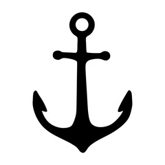 Simple black silhouette of a nautical anchor on a white background