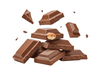 Fototapeta premium Delicious milk chocolate pieces with hazelnut isolated on white