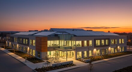 Fototapeta premium Modern Sustainable Office Building at Dusk - A contemporary office building illuminated at sunset, showcasing its solar panels and eco-friendly design