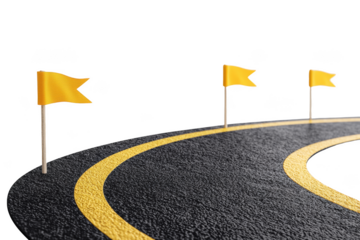 Racing track with yellow flags roadside photography minimalist setting close-up viewpoint concept of competition and direction Png, Transparent background.