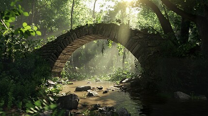 A stone bridge nestled in a lush forest, arching over a babbling stream with sunlight filtering through the dense canopy above. Peaceful, natural setting.  
