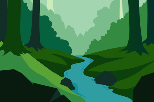 forest ravine with a hidden stream and moss covere