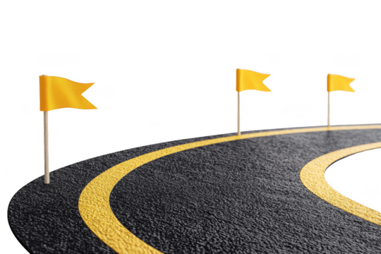 Racing track with yellow flags roadside photography minimalist setting close-up viewpoint concept of competition and direction Png, Transparent background.