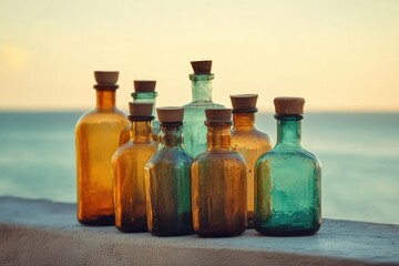Collection of vintage glass bottles with cork stoppers, sitting by the ocean at sunset.