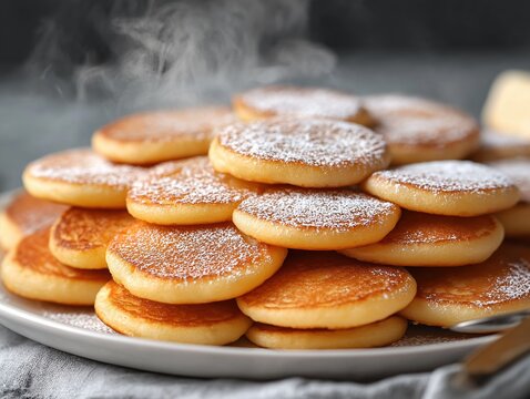 Stack of hot golden-brown Russian oladyi dusted with powdered sugar on a plate

