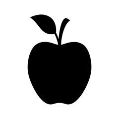 Simple black apple silhouette against a white background with a single leaf