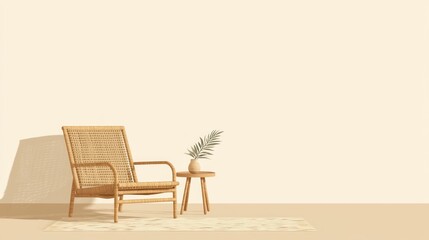 Fototapeta premium Rattan chair, side table, beige room, sunlit. Interior design mockup