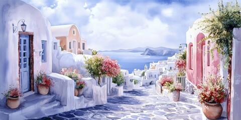 Fototapeta premium A Charming Watercolor Scene of Santorini, Greece