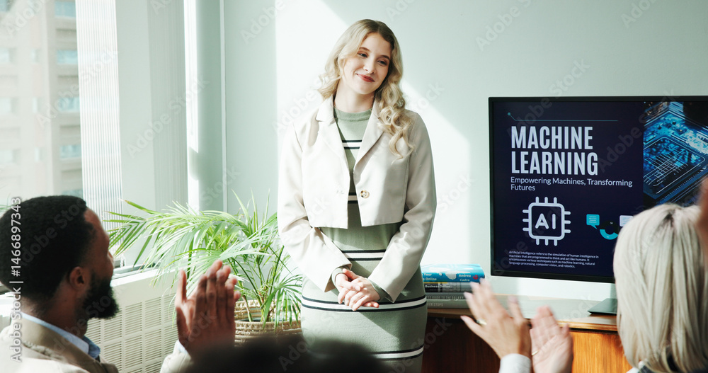 Aufkleber business woman, clapping and celebration for presentation, success and thank you for ai training. sp