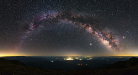 Night Sky Galaxy Landscape Starscape - Vast night sky, twinkling stars, Milky Way galaxy arching over distant mountains, city lights below. Symbolizing wonder, exploration, infinity, serenity