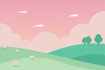 Fototapeta premium gentle hillside with sheep grazing under a wide 