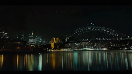 Obraz premium A stunning night view of the Harbour Bridge, its arches lit brightly, framed by the radiant Sydney skyline reflected in the shimmering harbor below. 