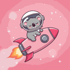 Cute koala astronaut sleeping on a flying pink rocket in space