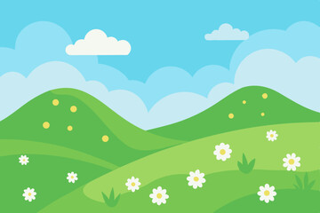 gentle hills in spring bloom with daisies and soft