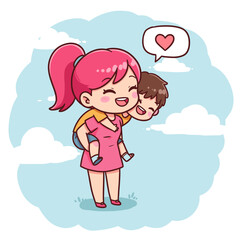 Happy mother piggybacking smiling son with love heart