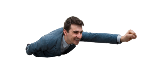 Happy, smiling businessman as flying above the clouds like a superhero. Business success, opportunity and risk concept isolated over transparent background