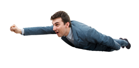 Wondered businessman flying like a superhero isolated on transparent background. Business success, opportunity and risk concept