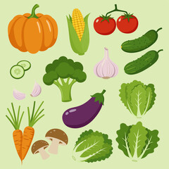 Set of Fresh Colorful Vegetables, Healthy Eating Flat Icons