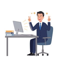 Happy Businessman at Desk Making Peace Signs, Office Success