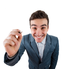 Closeup top POV businessman holding a pen ready to write something isolated on transparent background