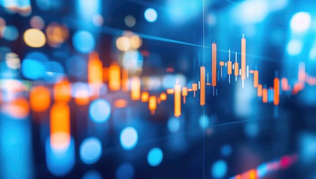 Blurred financial charts with city lights bokeh, showing stock market trends