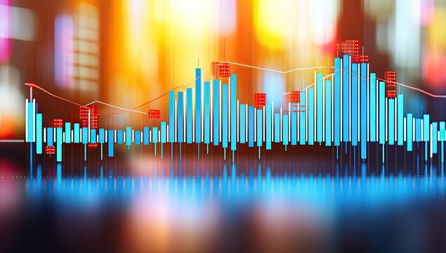 Financial data visualization with stock market charts and indicators.  Abstract blurred city lights background - Powered by Adobe