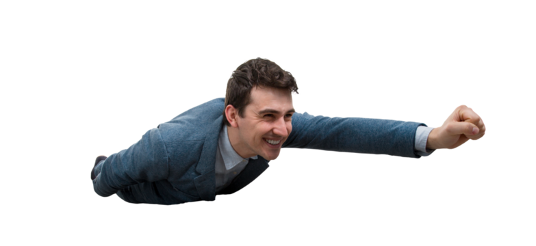 Happy, smiling businessman as flying above the clouds like a superhero. Business success, opportunity and risk concept isolated over transparent background