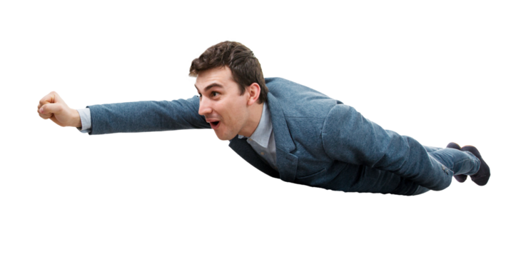 Wondered businessman flying like a superhero isolated on transparent background. Business success, opportunity and risk concept