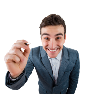 Closeup top POV businessman holding a pen ready to write something isolated on transparent background