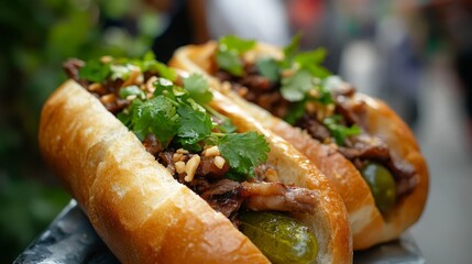 Crispy Baguette Filled with Herbs and Spiced Pork..
