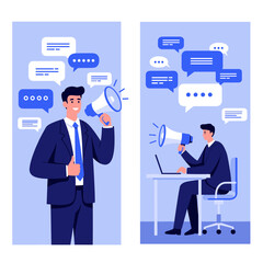 Businessman making announcement with megaphone, office communication