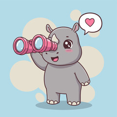 Cute rhino cartoon looking through pink binoculars with heart icon