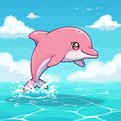 Cute pink dolphin jumping out of blue water with splashes and sky © johndaly
