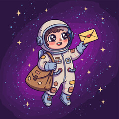 Cosmic Courier: A cartoon astronaut, clutching a letter, floats amidst a starry galaxy. The image radiates curiosity and a whimsical atmosphere of interstellar communication.