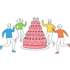 Birthday Celebration Jump:  A group of four friends excitedly jump around a large, pink, three-tier birthday cake with lit candles.