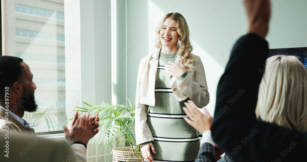 Aufkleber woman, presentation and meeting for workshop with office, support and employee engagement. applause,