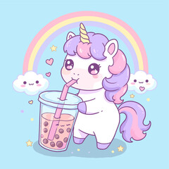 Kawaii Unicorn Drinking Bubble Tea with Rainbow Background