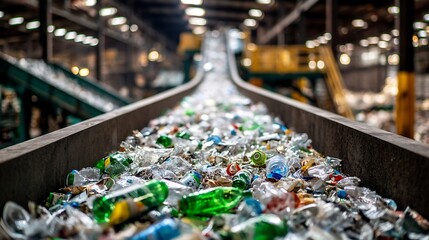 Close, up view of a conveyor belt transporting mixed recyclable waste materials in a modern industrial recycling plant, emphasizing waste management