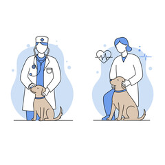 Veterinarian and assistant caring for a dog, vet clinic concept