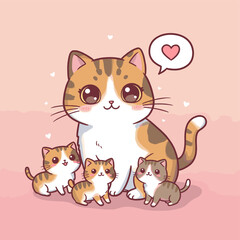 Cute mother cat with three kittens, heart speech bubble, pink bg