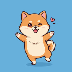 Happy Winking Shiba Inu Dog with Open Arms, Cute Cartoon
