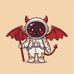 Cute Astronaut Devil with Horns, Wings, and Trident, Cartoon