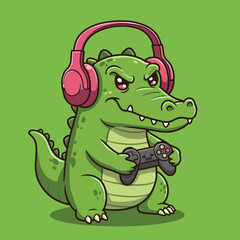 Crocodile Gamer with Headphones and Controller, Cartoon Mascot