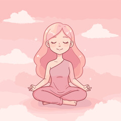 Woman Meditating in Lotus Pose Among Pink Clouds, Serene Cartoon