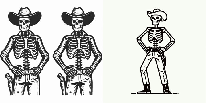Skeleton as Cowboy Standing with hands on hips. Western Outline Clipart ink line art doodle vector illustration. Bony figure arm akimbo upright pose archetype theme.