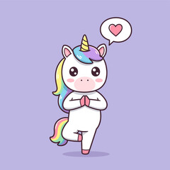 Fototapeta premium Cute Unicorn in Yoga Tree Pose with Heart Speech Bubble, Kawaii