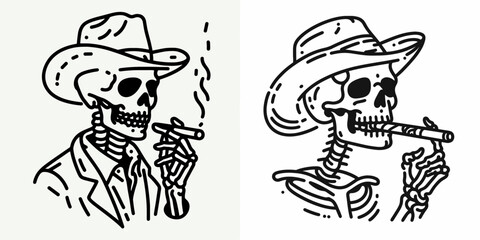 Naklejka premium Skeleton as Cowboy Smoking a cigar. Western Outline Clipart ink line art doodle vector illustration. Bony rancher with stogie deadpan figure puffing tobacco.